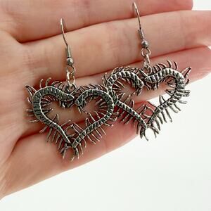 Goth Centipede Heart Earrings Silver Tone Dangle Creepy Cute Punk